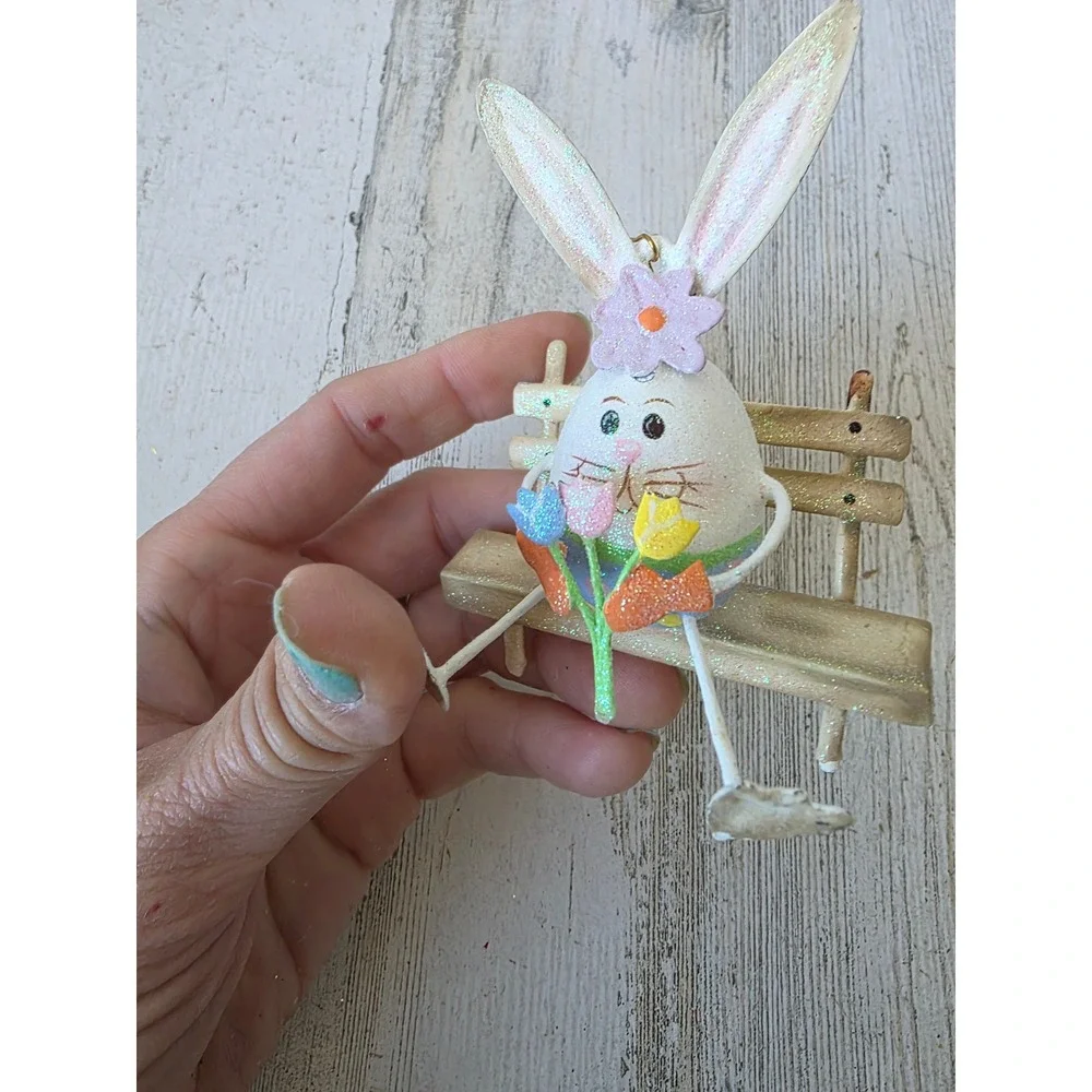 Vintage Pier 1 Easter Bunny bench RARE spring metal ornament glitter rabbit